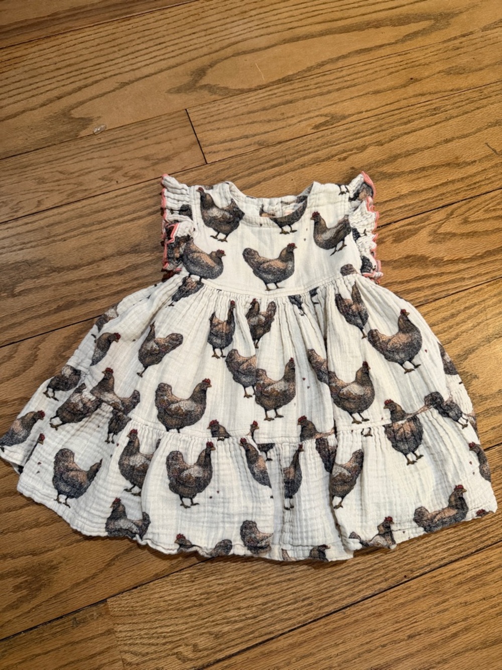 Pink Chicken White Hen Print Ruffle Dress with Pink Trim